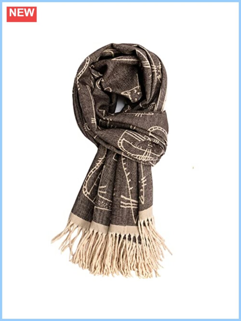 Cashmere Feel Cat Print Fringed Shawl Wrap Winter Warm Cape Scarf